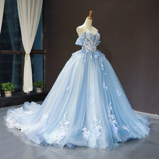 Ball Gown Off-the-shoulder Floor-Length Pleated Prom Dresses with Lace Appliques