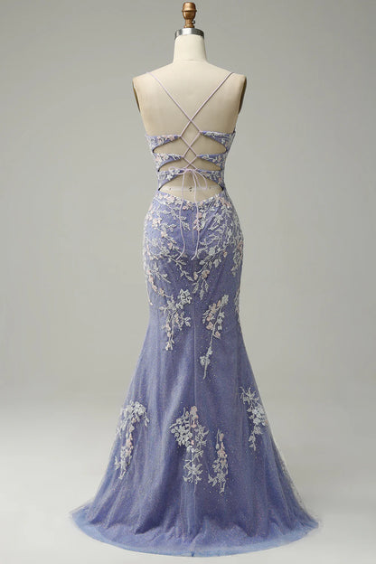 Mermaid V Neck Light Purple Beaded Long Prom Dress With Appliques