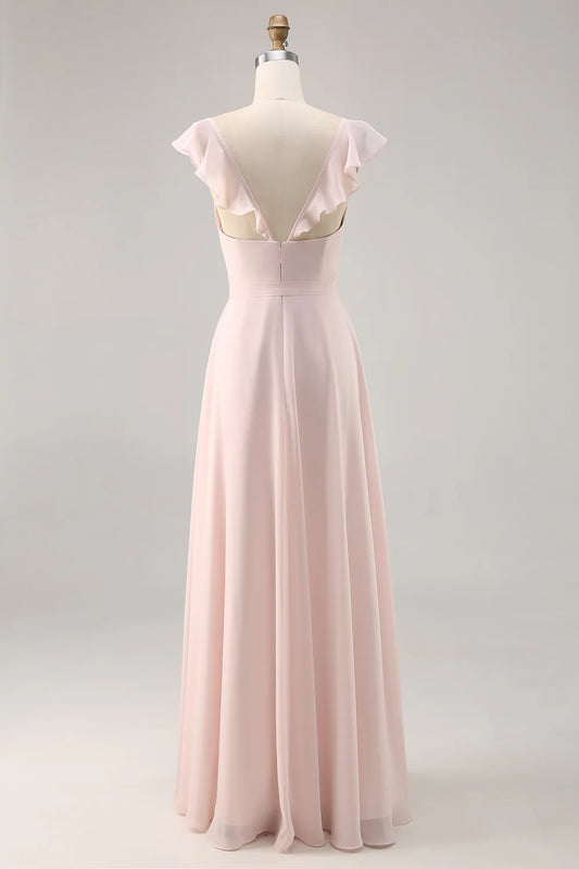 Candy Pink Chiffon Ruched Long Bridesmaid Dress with Slit