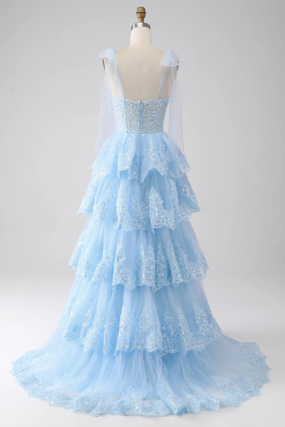 Light Blue Sweetheart Bow Tie Straps Tiered Tulle Sequin Prom Dress With Appliques