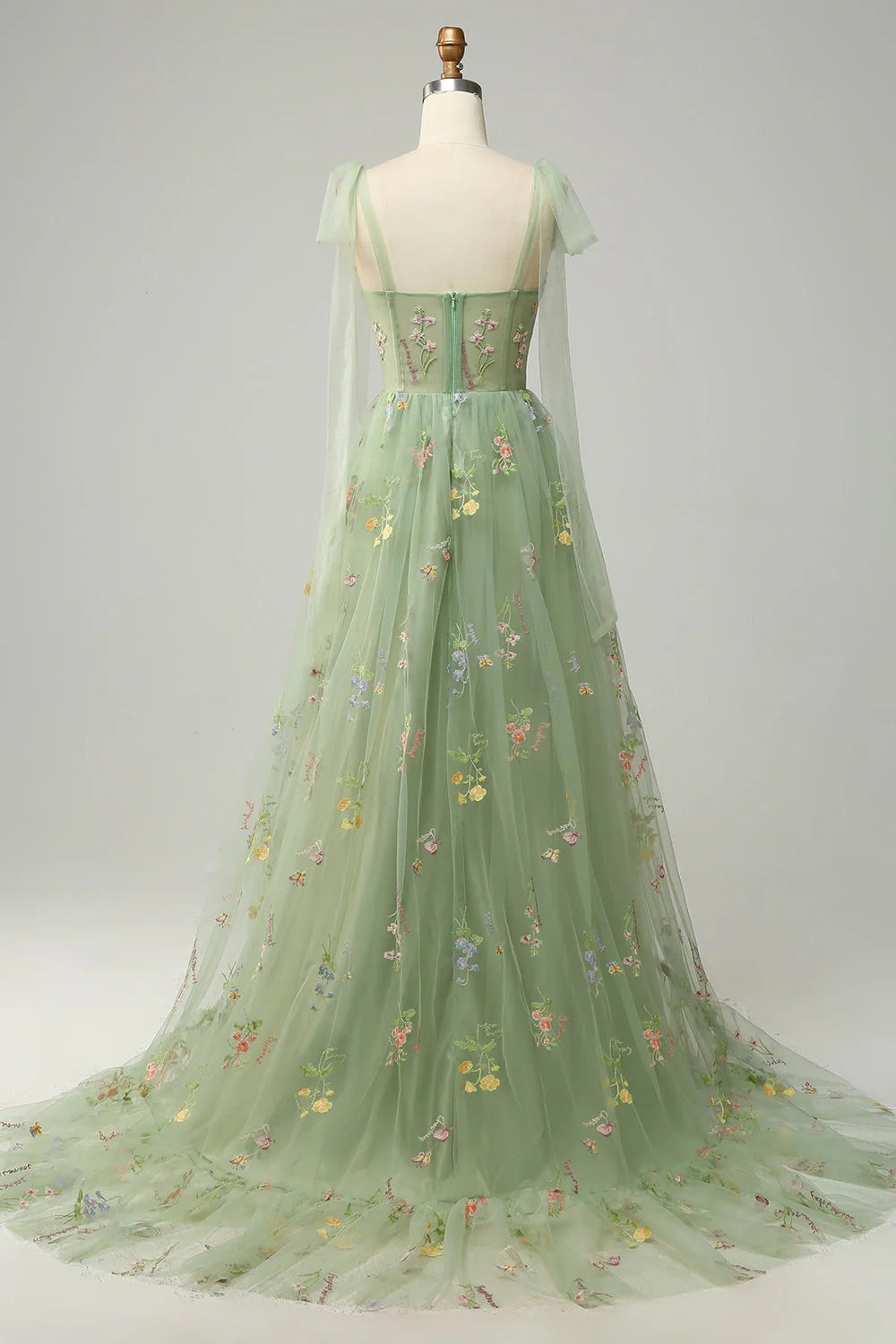 Green Embroidery Corset Long Prom Dress