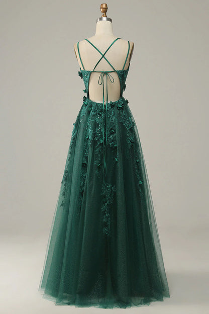 Dark Green A Line Tulle Prom Dress With Slit