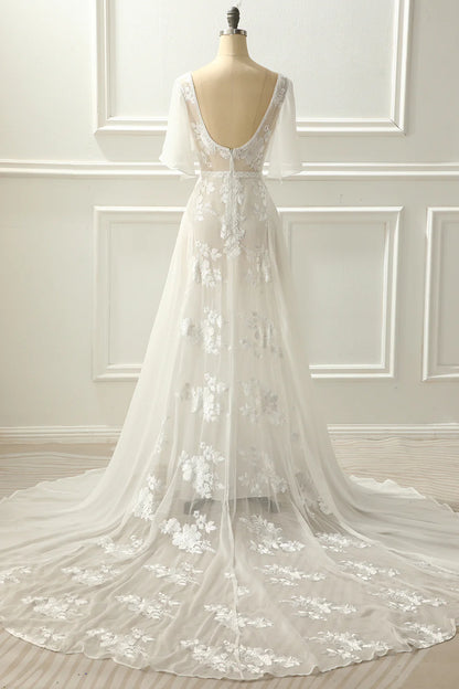 Engagement Formal Wedding Dress A-line V neck Floor-length Ivory Appliques