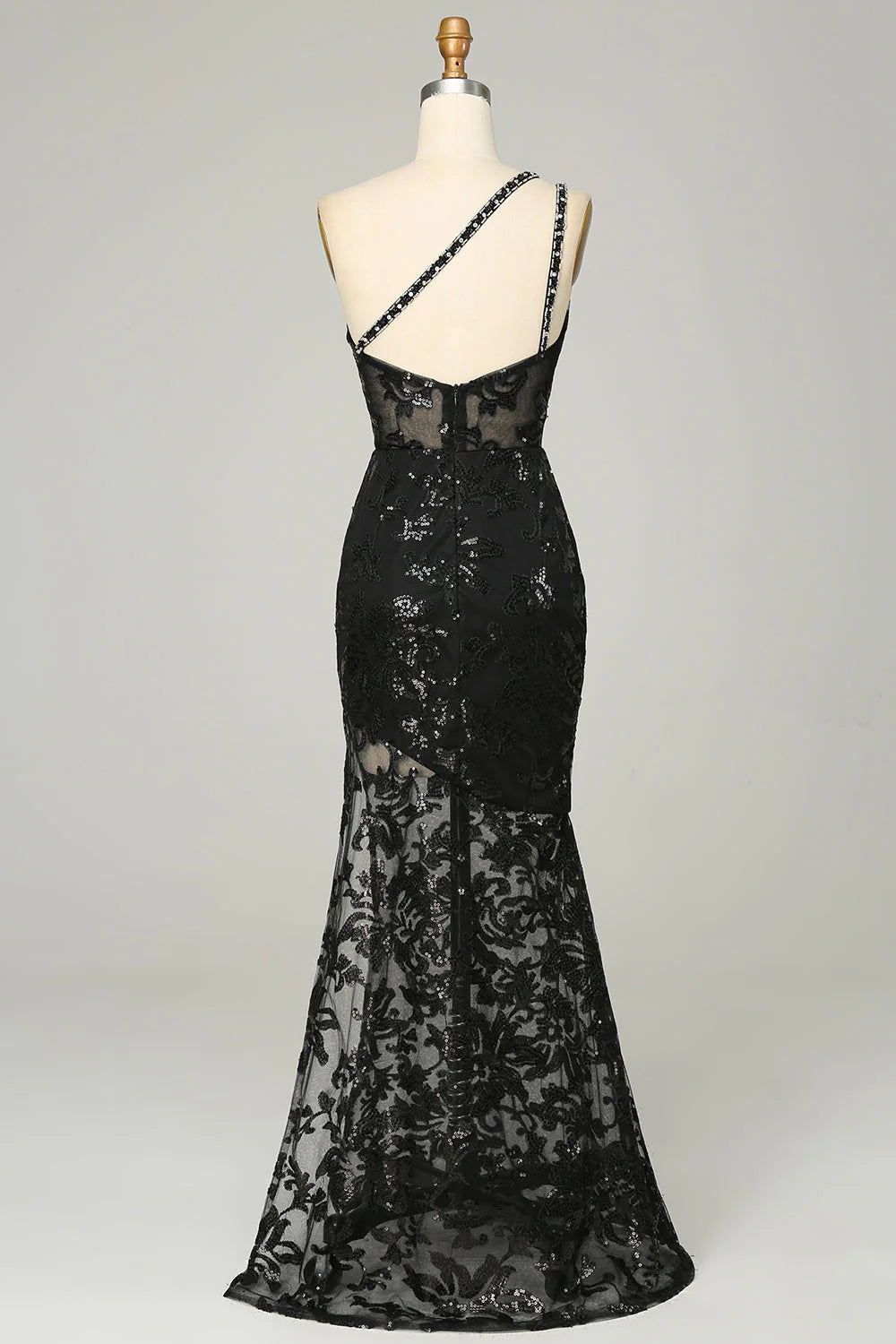 Sheath One Shoulder Backless Black Lace Long Prom Dress