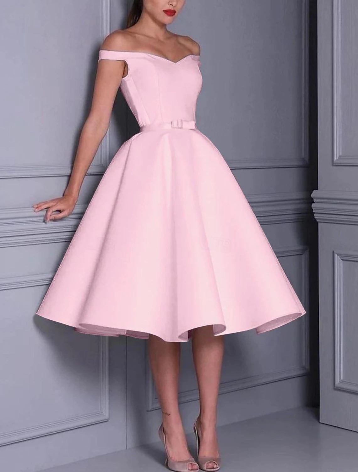 A-Line Cocktail Dresses 1950s Dress Wedding Guest Graduation Tea Length Sleeveless Off Shoulder Fall Wedding Reception Satin with Sleek Bow(s) Pure Color