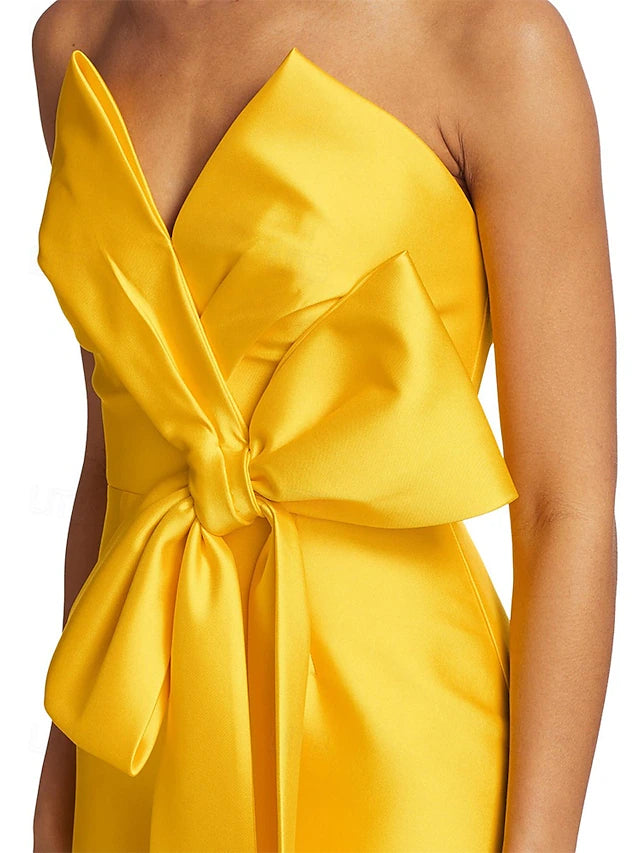 Sheath / Column Cocktail Dresses Wedding Guest Dress Formal Wedding Tea Length Sleeveless V NeckDress Satin with Bow(s)