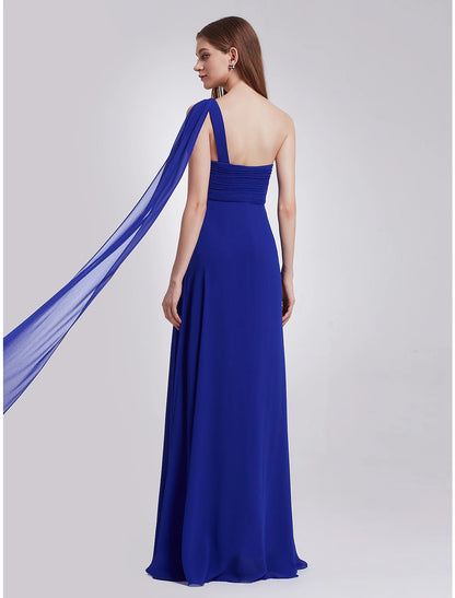 A-Line Evening Gown Empire Dress Wedding Guest Formal Evening Floor Length Sleeveless One Shoulder Bridesmaid Dress Chiffon Backless with Pleats Draping