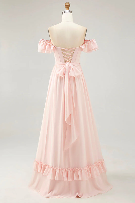 Blush Corset Floral Ruffled Long Bridesmaid Dress with Bow