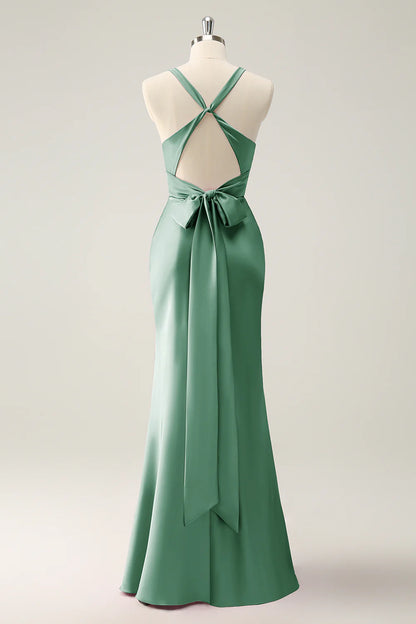 Eucalyptus Mermaid V Neck Satin Long Bridesmaid Dress