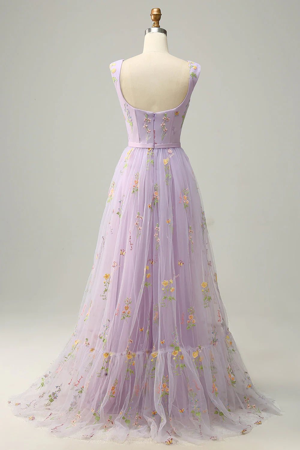 A Line Purple Tulle Floral Prom Dress