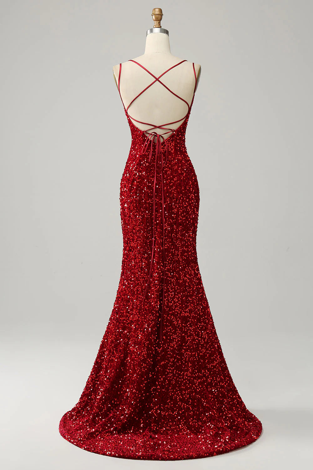 Red Sparkly Mermaid Backless Long Prom Dress With Fringes