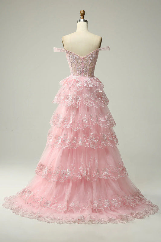 Pink Off The Shoulder Tiered Prom Dress