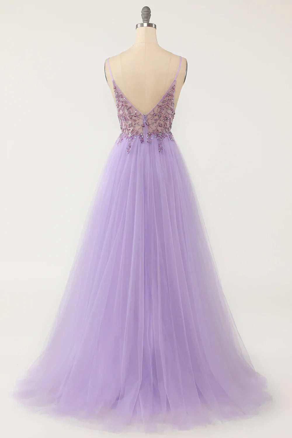 Purple Beaded Tulle Spaghetti Straps Long Prom Dress