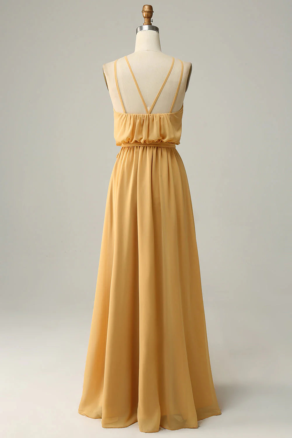 A Line Halter Yellow Long Bridemaid Dress With Bowknot