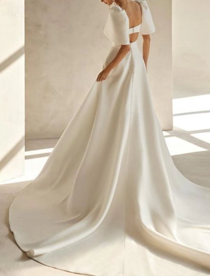 Wedding Dresses A-Line Square Neck Short Sleeve Chapel Train Satin Bridal Gowns With Solid Color