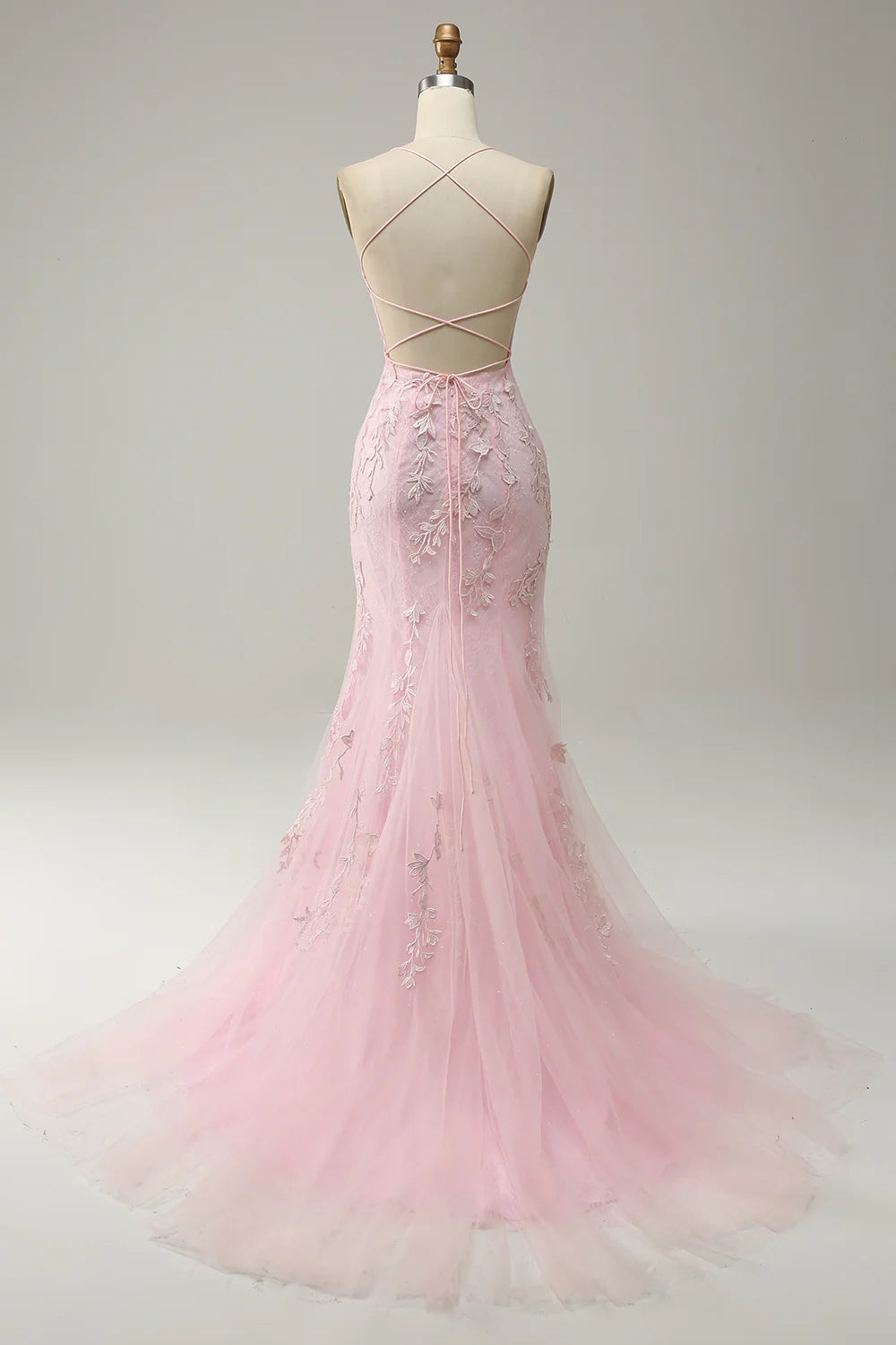 Light Pink Spaghetti Straps Appliques Mermaid Long Prom Dress