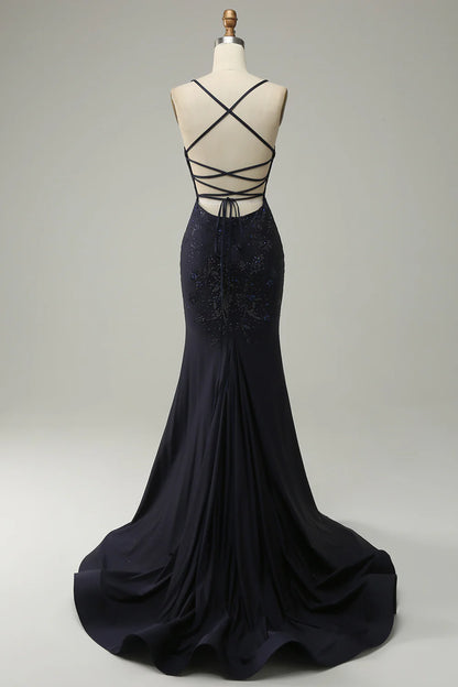 Navy Strapless Sweetheart Beaded Prom Dress With Split