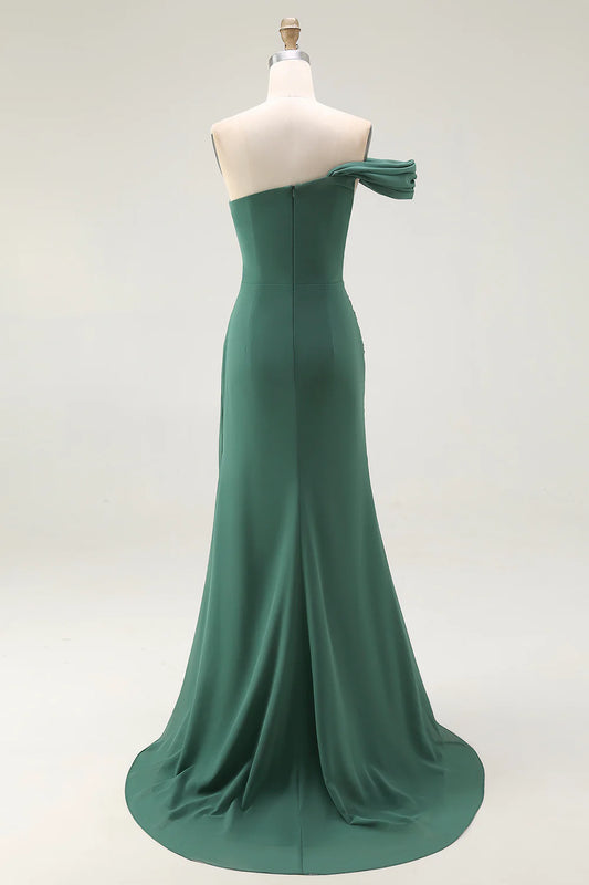Dark Green Ruched One Shoulder Mermaid Long Formal Dress