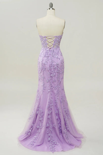 Lilac Strapless Prom Dress With Appliques