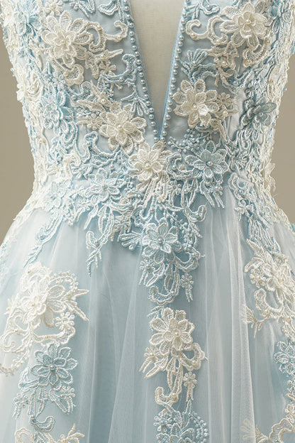 A-Line Light Blue Tulle Prom Dress