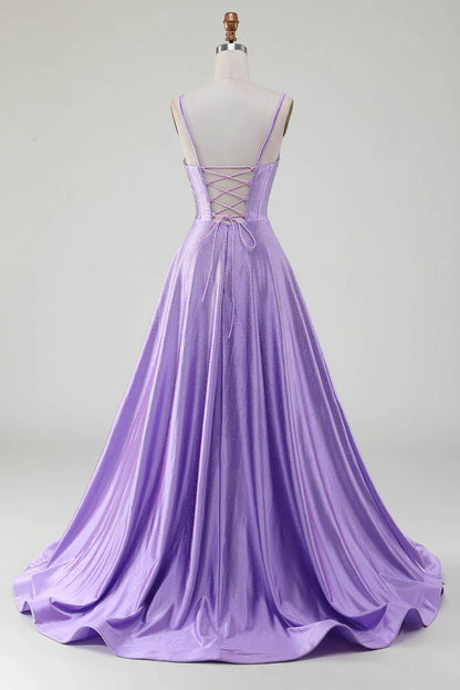 Simple Sparkly Lilac A-Line Side Slit Corset Prom Dresses With Rhinestones