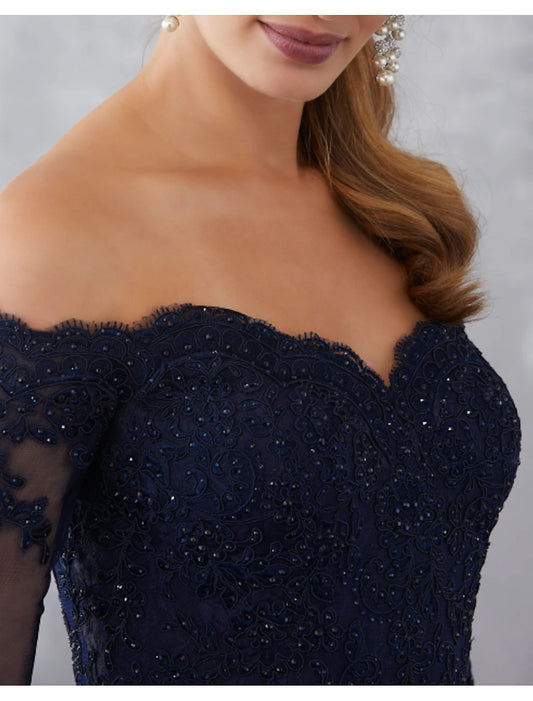 Mermaid Evening Gown Elegant Dress Wedding Guest Formal Evening Sweep / Brush Train Half Sleeve Off Shoulder Lace with Beading Lace Insert Appliques Masquerade Dress