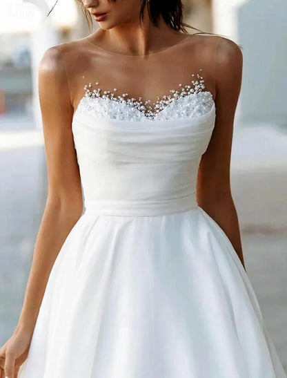 Wedding Dresses A-Line Boat Neck Sleeveless Sweep / Brush Train Tulle Bridal Gowns With Solid Color