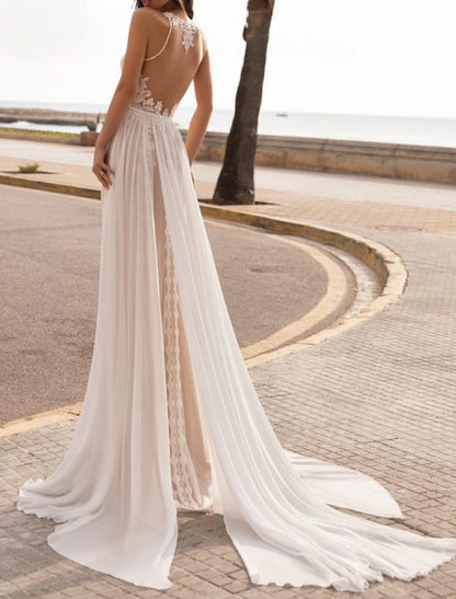 Beach Wedding Dresses A-Line Halter Neck Sleeveless Sweep / Brush Train Chiffon Bridal Gowns With Embroidery