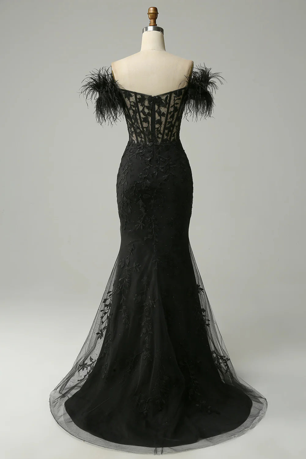 Off The Shoulder Black Long Mermaid Prom Dress With Feathers