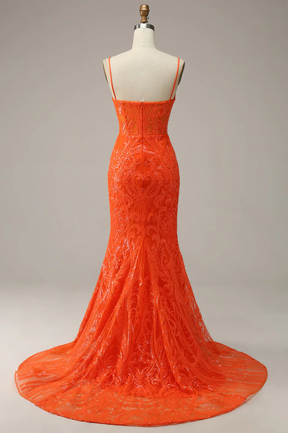 Mermaid Spaghetti Straps Orange Long Prom Dress With Split Front