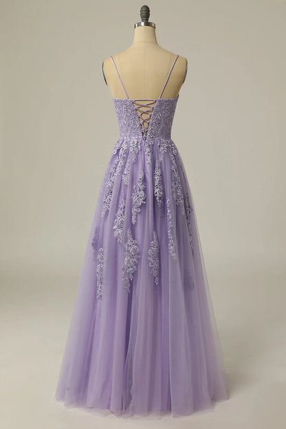 A Line Strapless Light Purple Long Prom Dress With Appliques