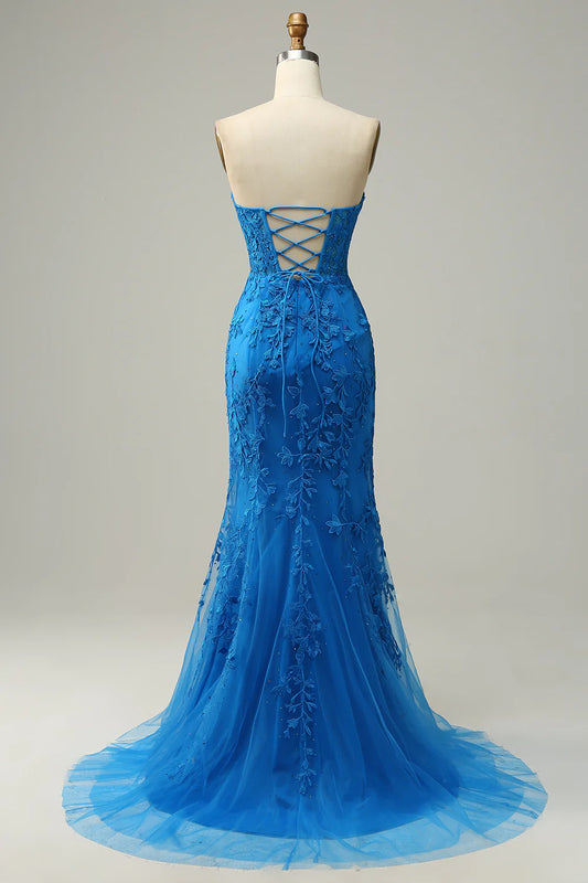 Mermaid Royal Blue Sweetheart Corset Back Prom Dress With Appliques
