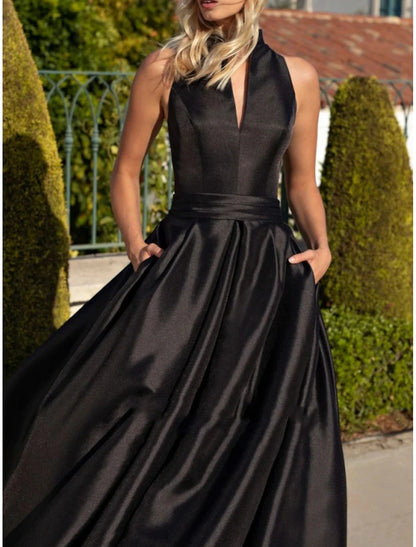 A-Line Evening Gown Party Dress Elegant Dress Formal Fall Sweep / Brush Train Sleeveless V Neck Satin with Pleats dress