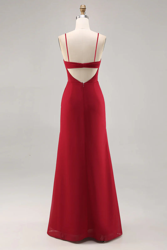 Dark Red Ruched Chiffon Mermaid Long Bridesmaid Dress with Slit