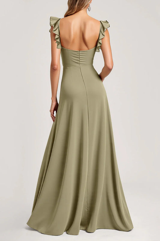 Ruffled A Line Long Square Neck Bridesmaid Dress with Slit