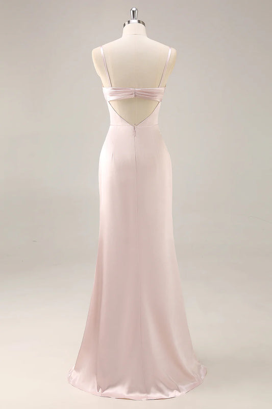 Candy Pink Mermaid Ruched Satin Long Bridesmaid Dress with Slit
