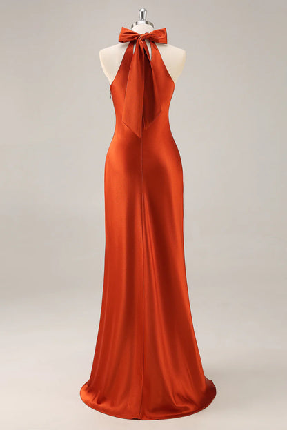 Rust Halter Satin Mermaid Long Bridesmaid Dress with Bow