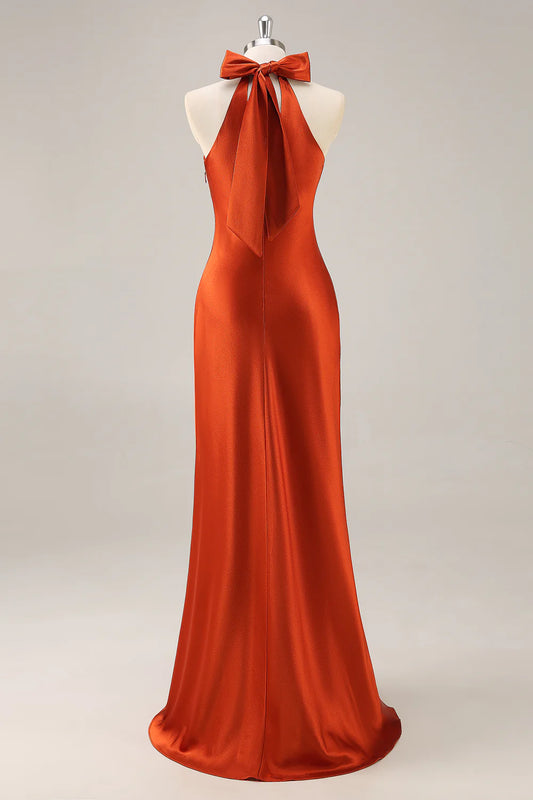 Rust Halter Satin Mermaid Long Bridesmaid Dress with Bow