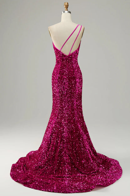 Mermaid One Shoulder Open Back Fuchsia Prom Dress