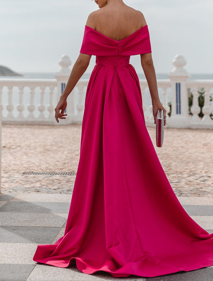 A-Line Evening Dress Wedding Guest Party Dress Celebrity Style Dress Formal Wedding Court Train Sleeveless Off Shoulder Bridesmaid Dress Satin with Ruched Slit dress