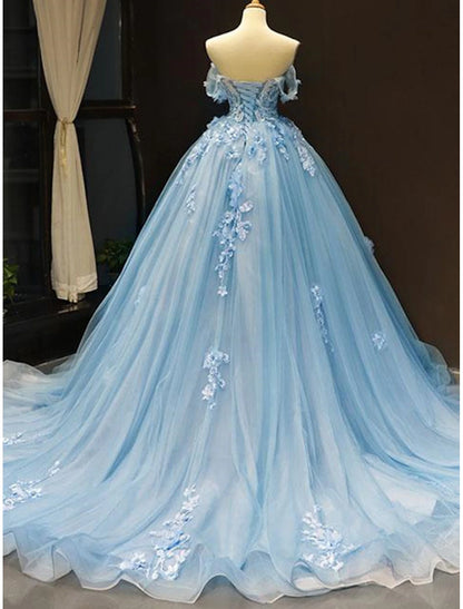 Ball Gown Prom Dresses Floral Dress Wedding Quinceanera Court Train Short Sleeve Sweetheart Lace with Pleats Appliques