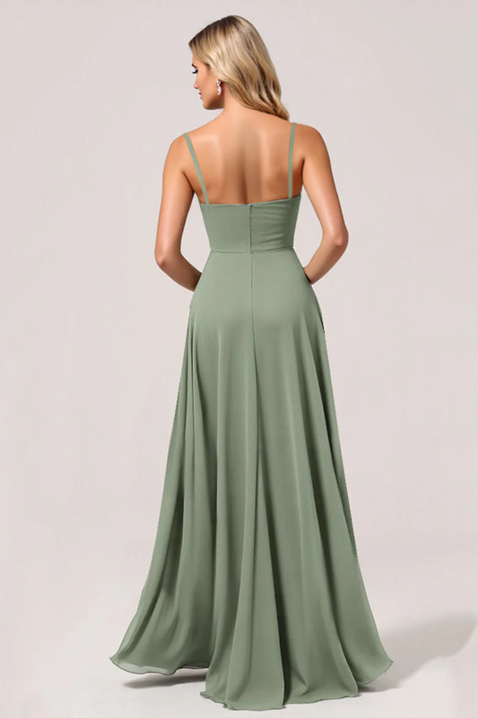 Eucalyptus Chiffon Long A Line Bridesmaid Dress with Slit