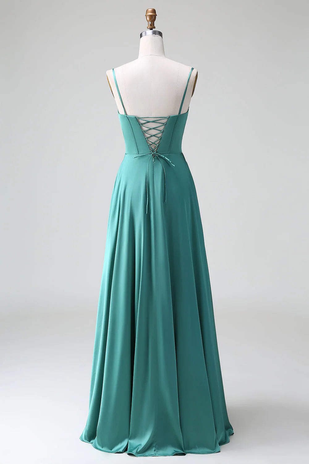 Eucalyptus A Line Spaghetti Straps Corset Pleated Satin Bridesmaid Dress