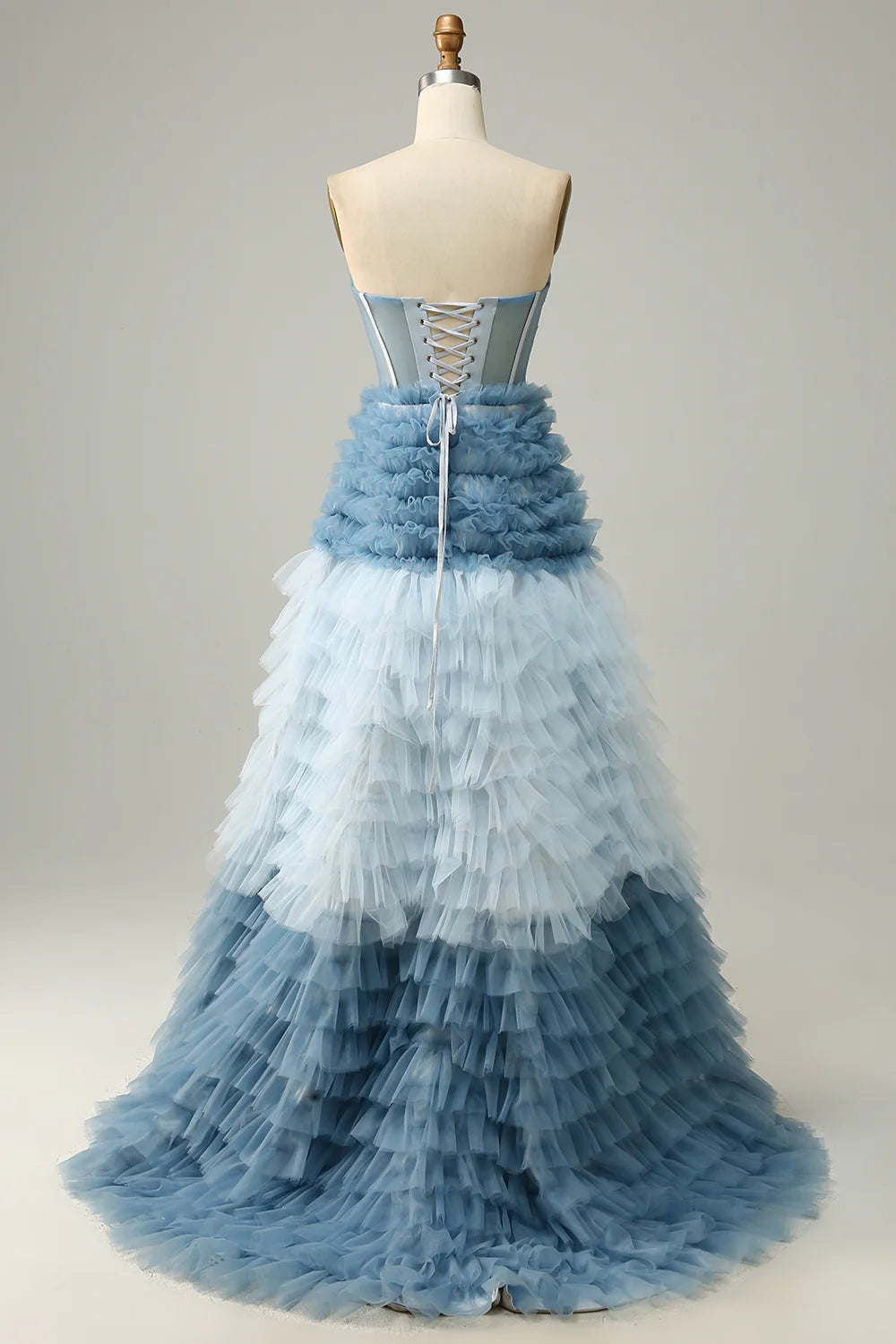 A Line Sweetheart Light Blue Tiered Prom Dress