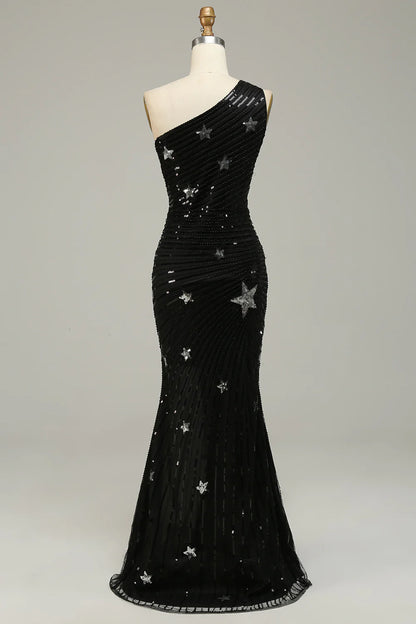 Mermaid One Shoulder Black Sequins Long Prom Dress With Star