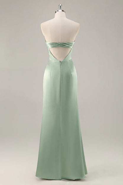 Sage Green Satin Strapless Ruched Long Bridesmaid Dress with Slit