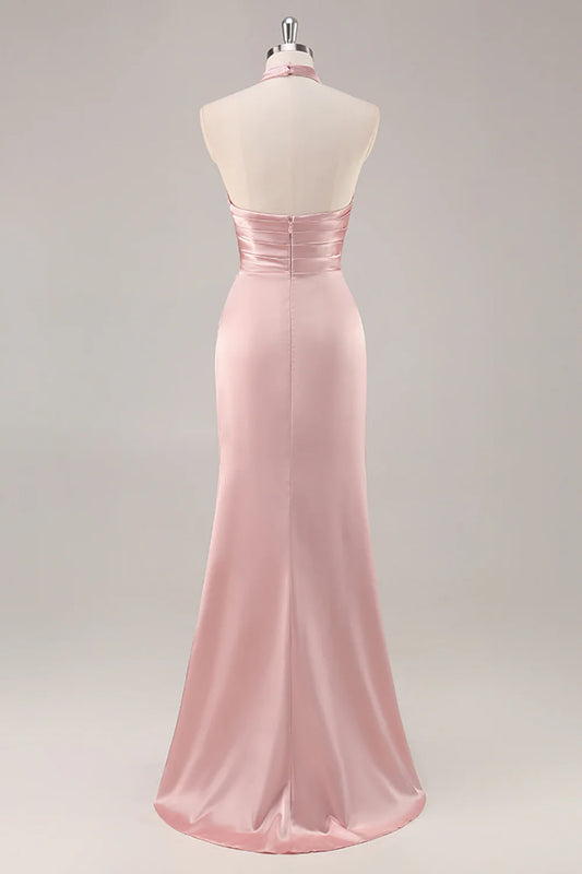 Blush Satin Mermaid Halter Ruched Long Bridesmaid Dress with Slit