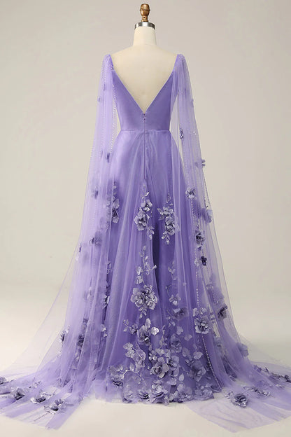 Purple Watteau Train Prom Dress With 3D Flowers