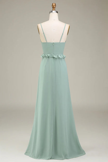 Eucalyptus A-Line V-Neck Chiffon Bridesmaid Dress With Ruffles