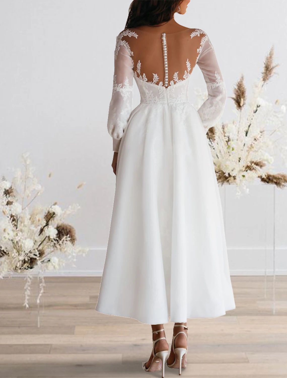 Reception Simple Wedding Dresses Wedding Dresses A-Line Sweetheart Camisole Spaghetti Strap Tea Length Satin Bridal Gowns With Solid Color